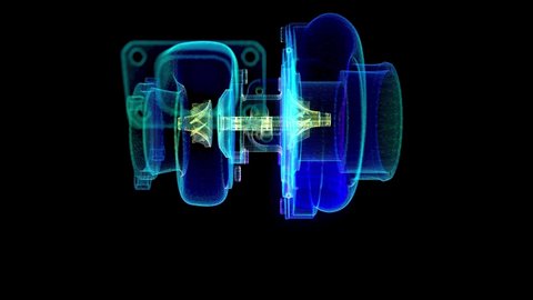 Turbocharger model formation from abstract polygonal line. Low poly turbine in motion, lines and connected to form. Digital technology visualization of 3d.