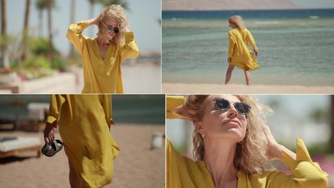 collage of a pretty blonde woman at a resort resting and enjoying a vacation