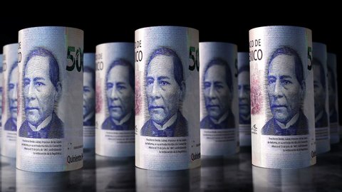 Mexico Pesos money rolls loop 3d animation. Camera moving in front of the MXN rolling banknotes. Seamless loopable concept of economy, finance, business and debt.