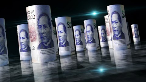 Mexico Pesos rolls loop 3d animation. Money on the table. Seamless and loopable abstract concept of economy, finance, business and recession. Camera between MXN rolled banknotes.