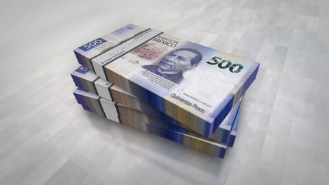 Mexico Pesos money pile pack. Concept background of economy, banking, business, crisis, recession, debt and finance. 500 MXN banknotes stacks 3d animation.