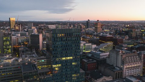 Establishing Aerial View Shot of Manchester, City Skyline, England United Kingdom, city center, old town. offices