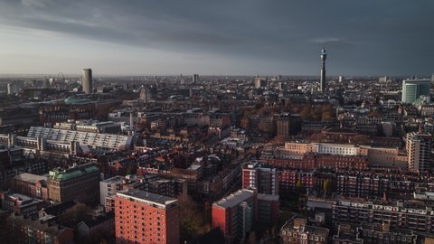 Establishing Aerial View Shot of London UK, United Kingdom, incredible light, city center