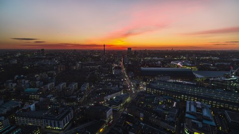 Stellar Sunset over Euston Road, Evening Traffic, far view, Establishing Aerial View Shot of London UK, United Kingdom