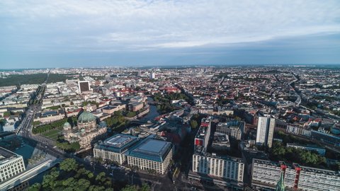 Establishing Aerial View Shot of Berlin, Germany, capital city, nice day, soft light, city center