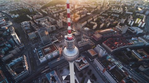 Berlin, Germany - circa 2021 - Establishing Aerial View Shot of Berlin, Germany, capital city, top view near TV Tower