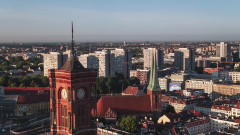 Berlin, Germany - circa 2021 - St. Nicholas' Church, Establishing Aerial View Shot of Berlin, Germany, capital city, beautiful light