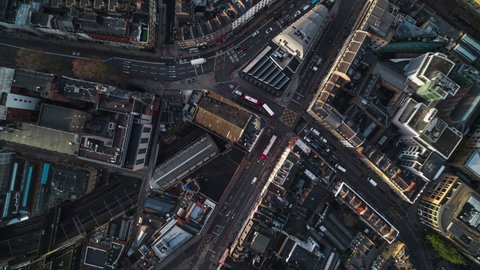 London, Great Britain - circa 2021 - Top Down, Overhead, Establishing Aerial View Shot of London UK, United Kingdom, Pentonville Road