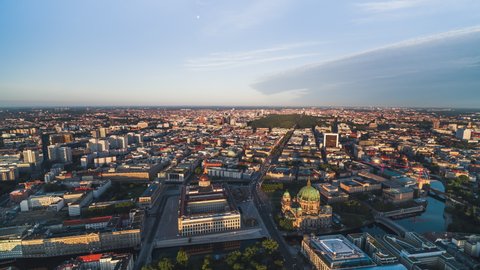 Establishing Aerial View Shot of Berlin, Germany, capital city, super wide, wonderful weather
