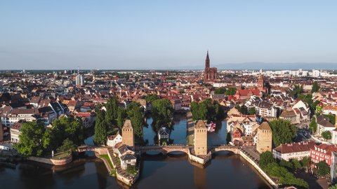 Establishing Aerial View Shot of Strasbourg Fr, capital of European Union, Bas-Rhin, France, The Ponts Couverts, wonderful light