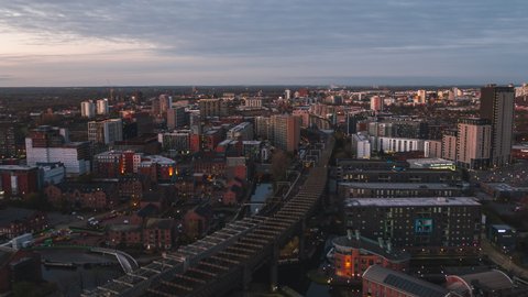 Manchester, Great Britain - circa 2021 - Establishing Aerial View Shot of Manchester, City Skyline, England United Kingdom, east city