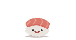 Animation cartoon sushi happy character. Cute sushi with tuna jumping