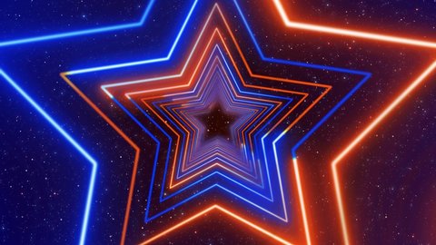 Abstract Futuristic Blue And Orange Star Shape Lines Neon Light Rotating Tunnel On Glittering Sparkle Stardust Seamless Loop Background Animation