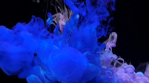 Slow motion blue and purple ink acrylic paint mixing in water, swirling softly underwater. Colored acrylic cloud of paint isolated. Abstract smoke explosion animation. Beautiful art background