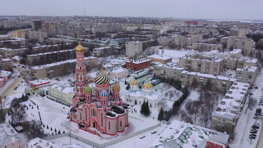 Aerial view of the Cathedral of the Ascension of the Lord in the city of Tambov. Russia Royalty-Free Stock Footage #1084774198