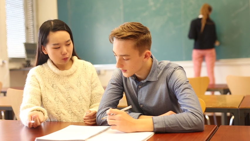 Girl explaining. Chinese students studying together. 2 Students who do Lessons together.