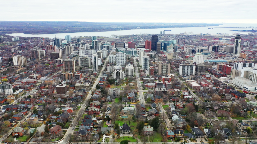Aerial of Hamilton, Ontario, Canada with bay behind 4K