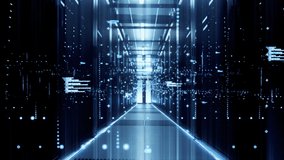 Digital information particles flow through network and data servers behind mesh panels in a server room of a data center or ISP. Forward Dolly Shot, High-Quality Animation - Powered by Shutterstock - Get 15% off with code: PIKWIZARD15
