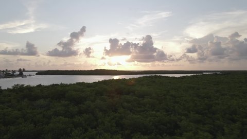 Golden dusk sun beam on marshy Florida west coast near Matlacha