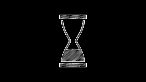 White line Old hourglass with flowing sand icon isolated on black background. Sand clock sign. Business and time management concept. 4K Video motion graphic animation .