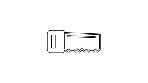 Black line Hand saw icon isolated on white background. 4K Video motion graphic animation.