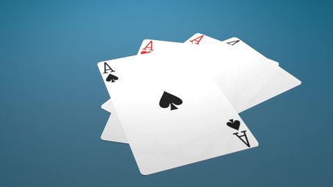 Quads of aces. Four of a kind. Cards falling on table.