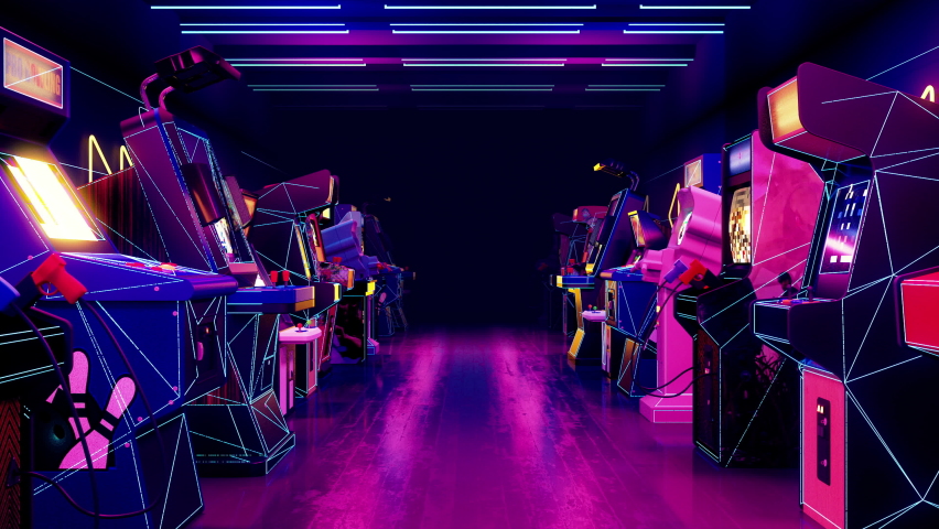 Video Game Arcade Room Loop. Retro arcade video game room, neon glow effect, 3d rendered in 4k Royalty-Free Stock Footage #1084787974
