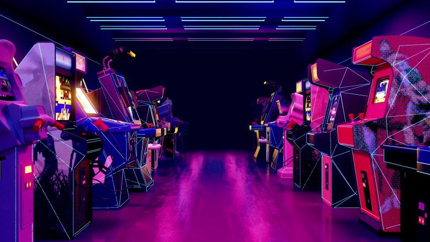 Video Game Arcade Room Loop. Retro arcade video game room, neon glow effect, 3d rendered in 4k