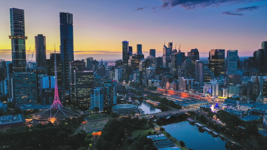 Aerial hyperlapse, dronelapse video of Melbourne city at night Royalty-Free Stock Footage #1084792330