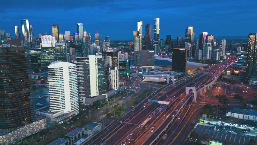 Aerial hyperlapse video of Melbourne city and highway traffic at night