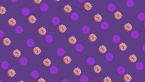 Colorful pattern of donuts isolated on violet background. Seamless pattern with donut. Doughnuts. Top view. Realistic animation. 4K video motion