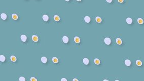 Colorful pattern of rotating chicken eggs. Pop art design. Seamless pattern with egg. Top view. Realistic animation. 4K video motion