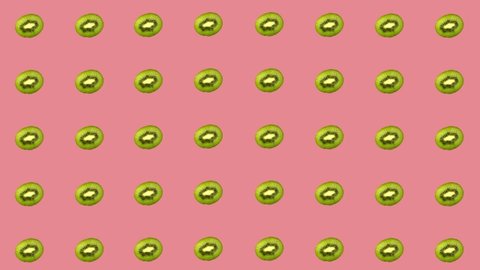 Colorful fruit pattern of fresh kiwi on pink background. Seamless pattern with kiwi sliced. Realistic animation. 4K video motion