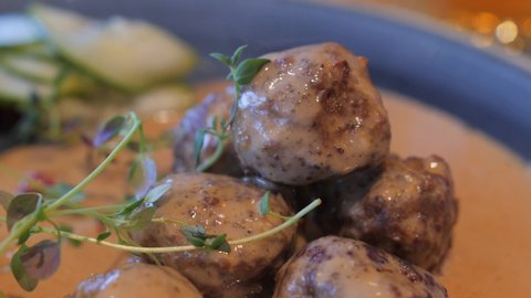 Close up of Delicious Swedish meatballs and potato puree called Köttbullar