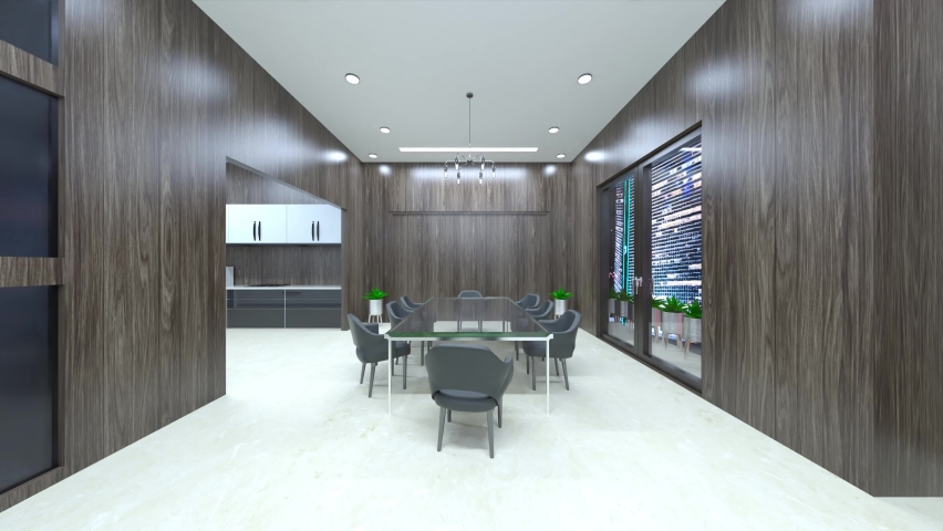 3D rendering of the living dining room with night view