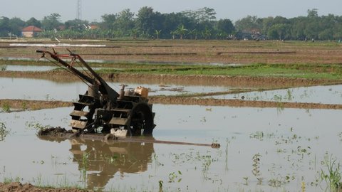 A hand tractor is a popular farm equipment in Indonesia. used by farmers to work on rice fields.