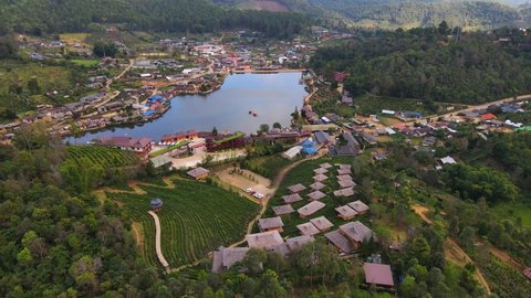 Aerial view of beautiful scenery of Ban Rak Thai village chinese hotel resort is the famous tourist attraction in winter in Mae Hong Son, Thailand