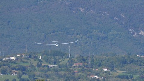 Thiene Italy OCTOBER, 16, 2021 Glider with jet turbine engine low pass at high speed. Jonker Sailplanes JS3 Rapture has a small turbine jet engine for self sustaining.