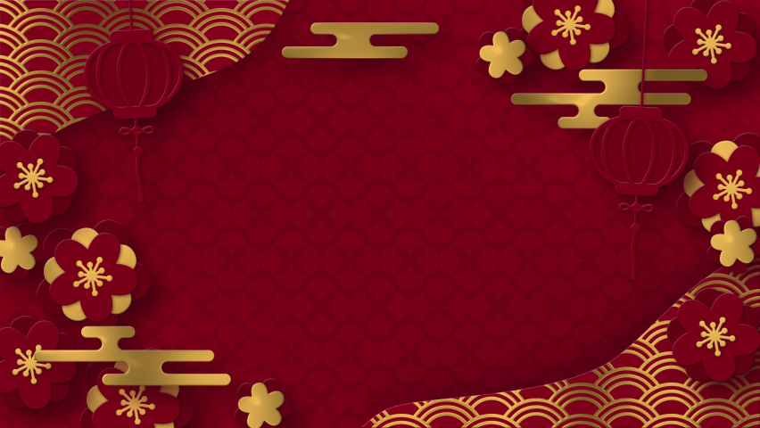 Animated Chinese New Year Loopable Background with traditional ornaments, golden clouds, sakura flowers and lanterns. Perfect for New Year's projects, creating a festive mood. 4K.