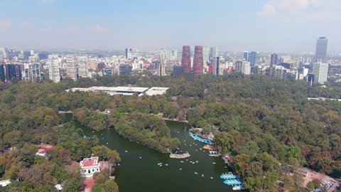 Mexico City: Aerial view of capital of Mexico, Museo Nacional de Antropología in park Bosque de Chapultepec, skyline with modern high-rise buildings - landscape panorama of North America from above