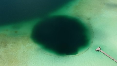 Blue hole (cenote) top view taken with a DJI drone in Tulum, Mexico