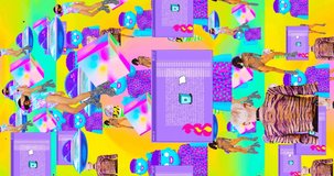 Vertical Looped 4k animation. 2d, 3d Crazy chaos mix of fashion objects and characters. Ideal creative modern clip for music background
