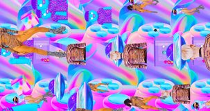 Vertical Looped 4k animation. 2d, 3d Crazy chaos mix of fashion objects and characters. Ideal creative modern clip for music background
