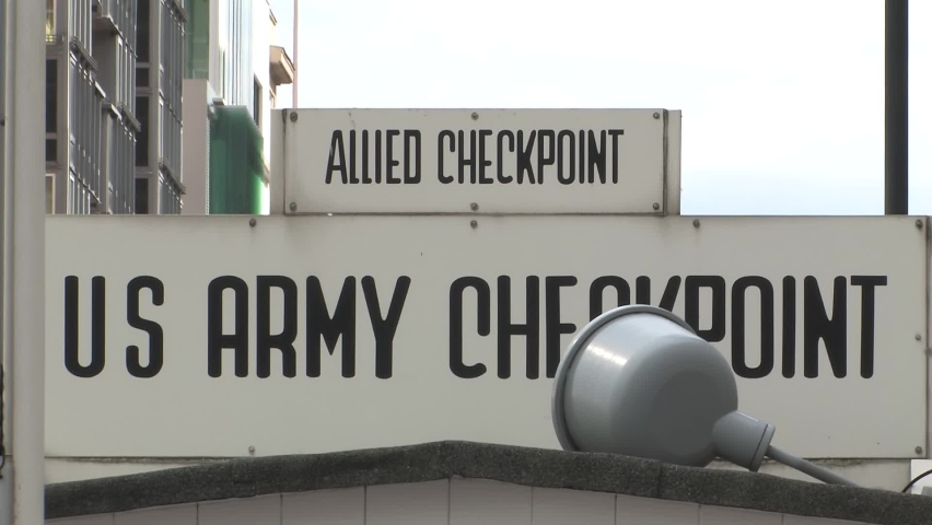 Inscription on former border crossing Checkpoint Charlie in Berlin, Germany