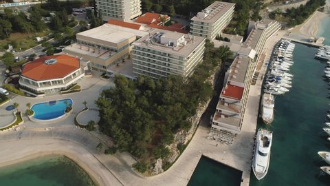 Split , Croatia - 12 12 2021: Split, Croatia - DECEMBER 2021: Aerial Orbit View Over Re:Cupera Wellness and Spa, Hotels and Marina Lav, Split Croatia