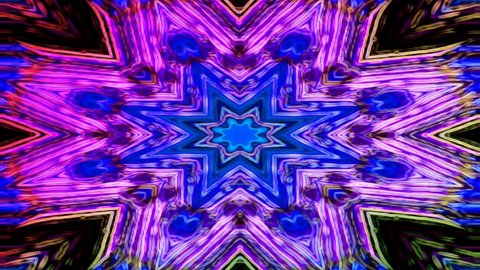 Colorful kaleidoscope blue neon graphic pattern motion background. Beautiful unique abstract kaleidoscope animation. 4k resolution