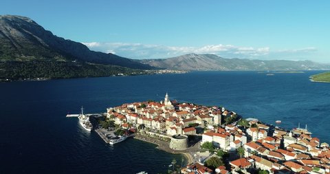 Aerial view of Korcula, a small town along the Adriatic facing the Peljesac peninsula, Korcula island, Croatia.