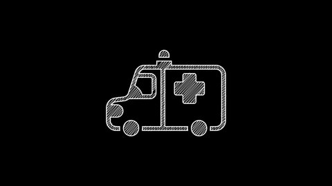 White line Ambulance and emergency car icon isolated on black background. Ambulance vehicle medical evacuation. 4K Video motion graphic animation .
