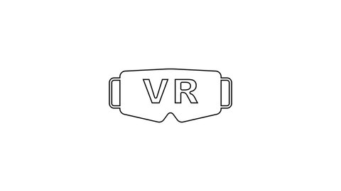 Black line Virtual reality glasses icon isolated on white background. Stereoscopic 3d vr mask. Optical head mounted display. 4K Video motion graphic animation.