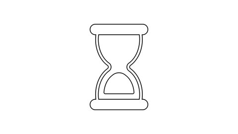 Black line Old hourglass with flowing sand icon isolated on white background. Sand clock sign. Business and time management concept. 4K Video motion graphic animation.